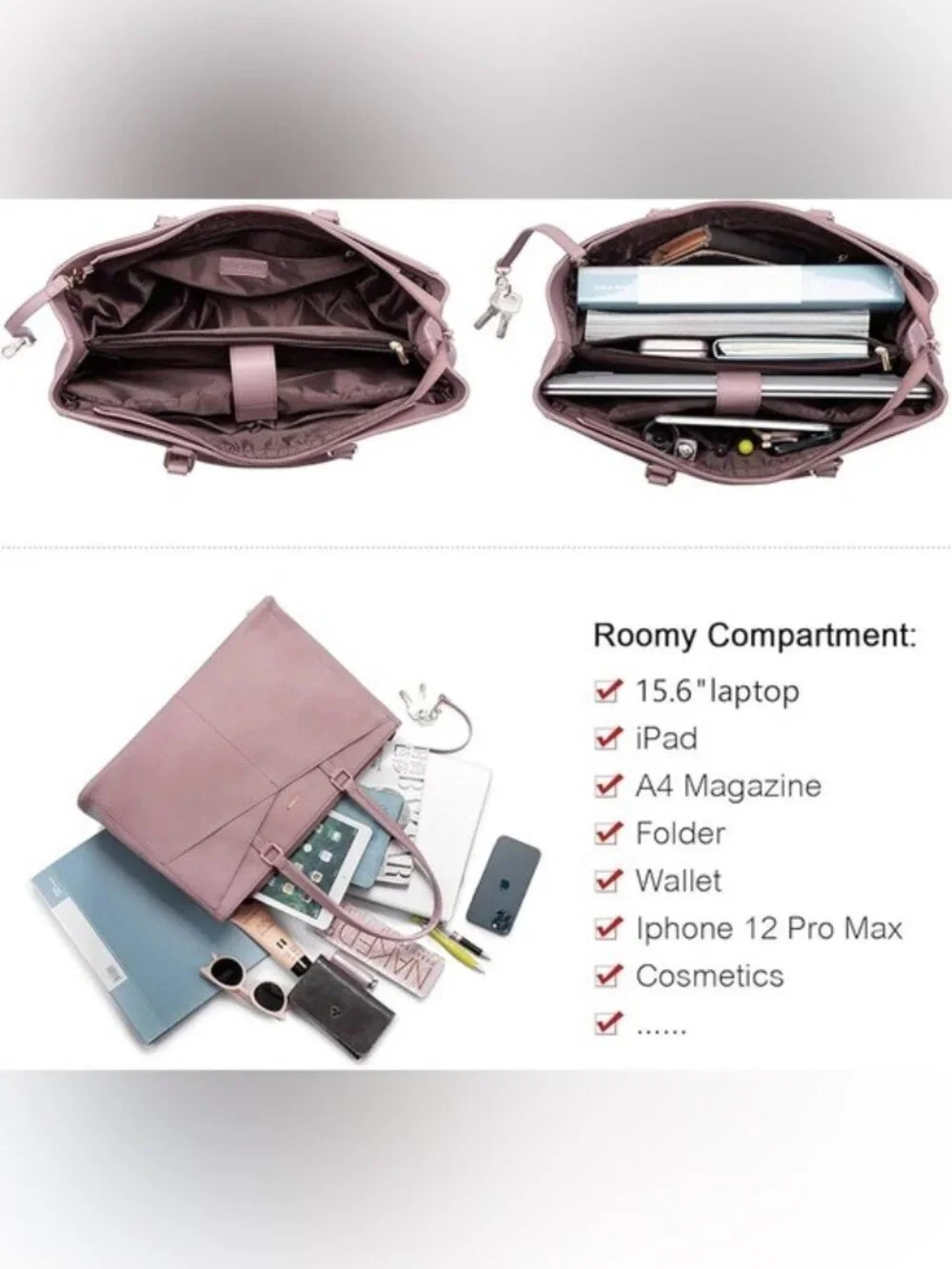 LOVEVOOK Laptop Tote Bag for Women 15.6 Inch Waterproof Leather Briefcase Mauve